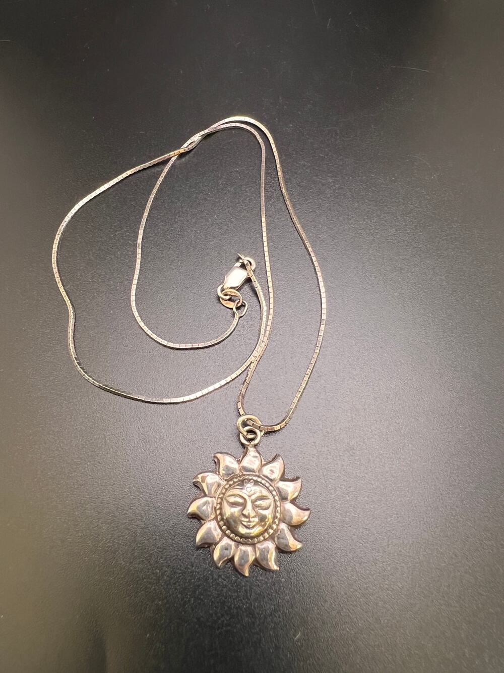 Vintage sterling silver Sun face pendant necklace celestial boho dainty